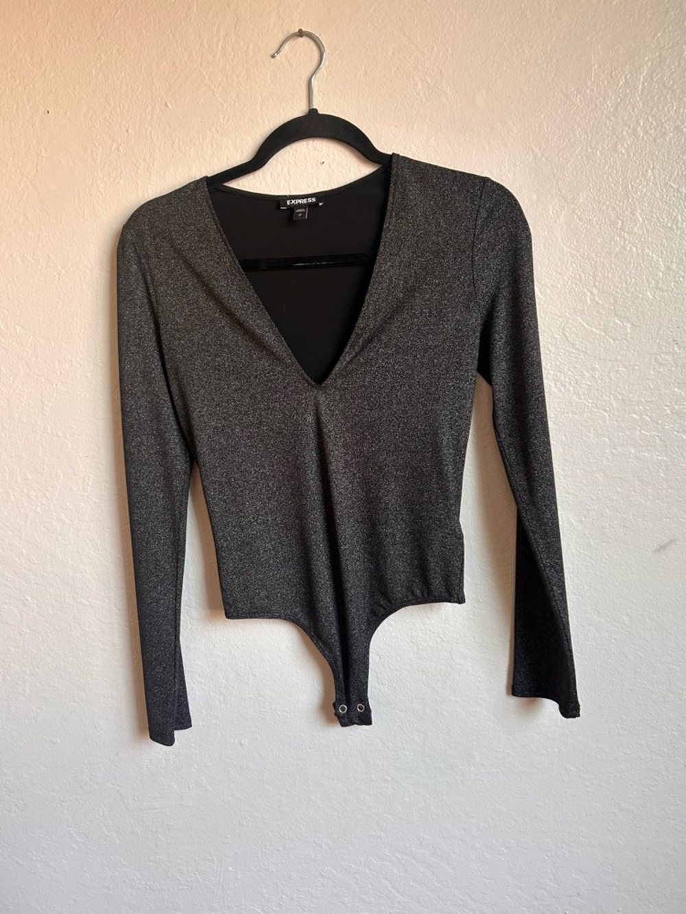 Express Shimmery Black Deep V Long-Sleeve Bodysuit